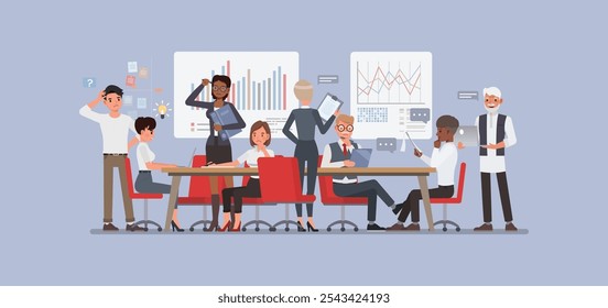 Equipo Concepto de colaboración. Equipo de Profesionales trabajando juntos en una mesa, ideas de lluvia de ideas diseño de Ilustración vectorial de personajes.
