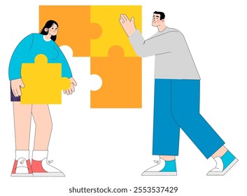 Team collaboration concept. Two people connecting puzzle pieces, symbolizing problem-solving and partnership. Creative teamwork strategy. Vector illustration.