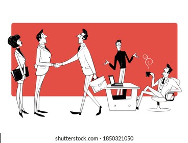 Team collaboration, cooperation in solutions search, professional marketing research, business meeting. Business trend, design thinking, business opportunity. Retro illustration in sketch style.