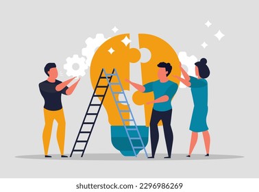 Team collaboration to create ideas. People assemble a light bulb as a puzzle as team. Team problem solving and business success concept. Businessmen and business woman unite. Vector illustration