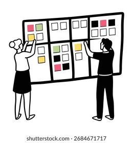 Teamarbeit in einem kreativen Arbeitsbereich, Organisation von Ideen auf einem großen Brett mit bunten Notizen