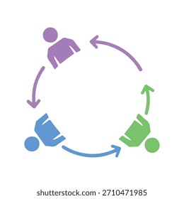 Ícone do Ciclo de Colaboração em Equipe. Setas circulares coloridas que representam comunicação, fluxo de trabalho, processo contínuo e cooperação empresarial.
