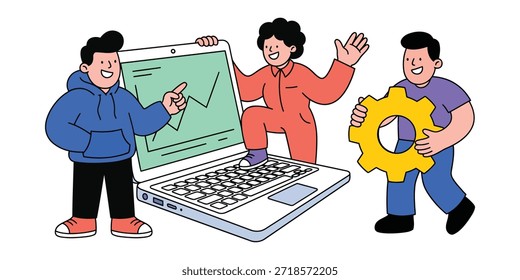 Colaboración de Equipo y flujo de trabajo digital en el ordenador portátil – Ilustración de negocios de dibujos animados planos