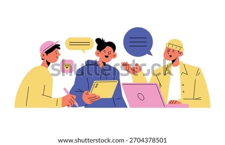Team Collaboration and Discussion with Digital Devices. College students studying. Students discussing.