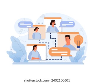 Team collaboration in divergent thinking. Professionals connect online, sharing ideas and brainstorming solutions through virtual chat. Innovation and teamwork in the digital era. vector illustration