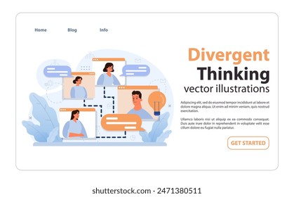 Team collaboration in divergent thinking. Professionals connect online, sharing ideas and brainstorming solutions through virtual chat. Innovation and teamwork in the digital era. vector illustration