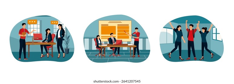Team Collaboration engages in a discussion business project that teamwork. Three office professionals are discussing a project.Three friends express joy in a modern indoor environment.