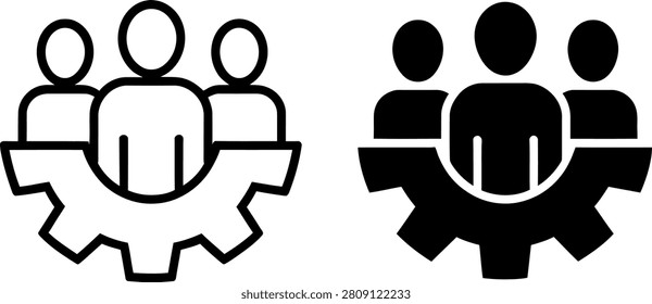 Team collaboration gear icon with three people around a gear wheel