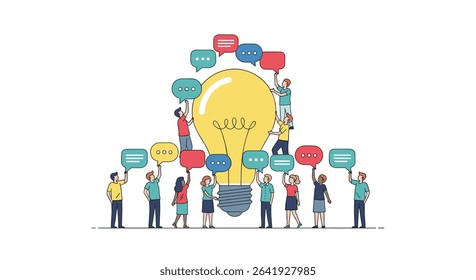 Team Collaboration Generating Ideas Surrounding a Central Lightbulb Metaphor