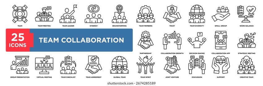 Conjunto de coleta de ícones da Colaboração em Equipe. Contendo colaboração em equipe de design, trabalho em equipe, parceria, cooperação e trabalho em grupo. Vetor de linha simples 