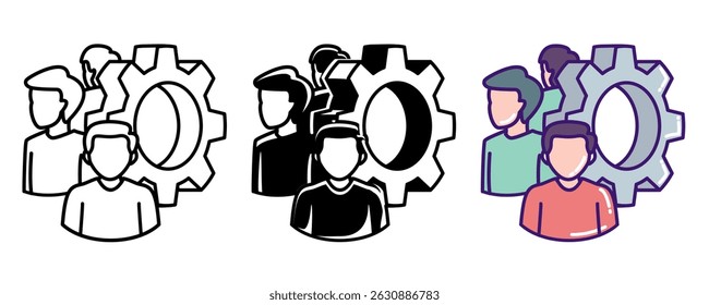 Team Collaboration icon represented by team, gear Line, Filled, Color style.
