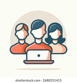 Colaboración de Equipo con la Ilustración vectorial del ordenador portátil, diseño plano de las personas que trabajan juntas usando el trabajo en equipo de la computadora