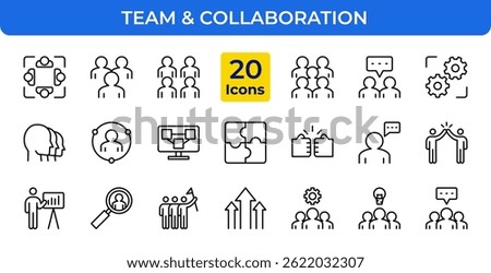 Team and Collaboration Line Icons Set. Business, Meeting, Group, People, Partnership Symbols. Editable Vector Stroke