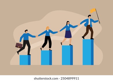 Team collaboration or mentor and training concept, business people help team climbing growth chart. 2d flat vector illustrations