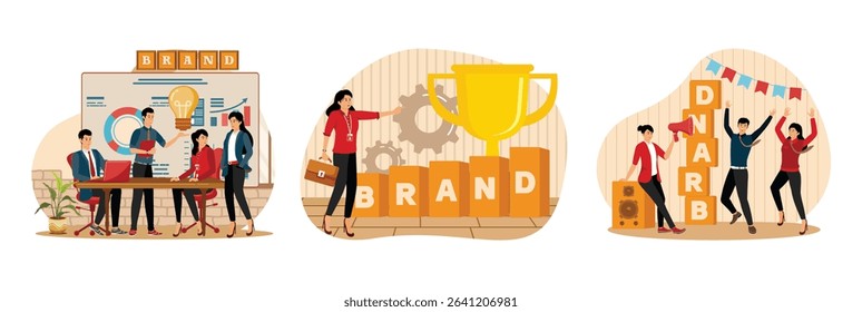 Team Collaboration  in a modern office for brand development. A professional woman showcasing brand building with symbolic gears and trophy. Cheerful group of people celebrating Brand.