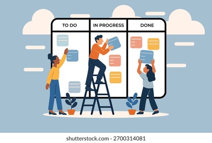 Colaboração em equipe em uma placa de projeto ágil com tarefas em andamento, promovendo a eficiência e a produtividade em um espaço de trabalho moderno para um gerenciamento eficaz.