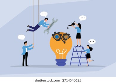 Equipo Colaboración en Innovación: Mantenimiento de la Idea y el Proceso de Mecanismos 2d Ilustración vectorial plana