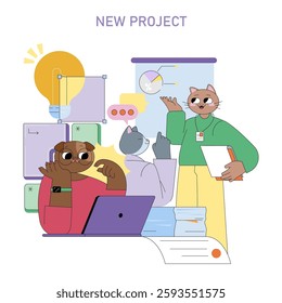 Team collaboration on a new project illustrated through diverse characters engaged in discussion and brainstorming. Various tools, charts, and ideas emphasize creativity and productivity in a work