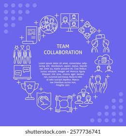 Team collaboration round banner in line style. Teamwork and support poster with place for text. Vector illustration.