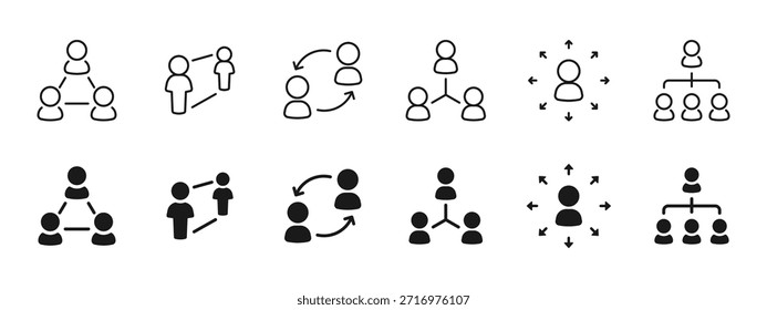 Conjunto de íconos de colaboración de Equipo y redes sociales. Iconos vectoriales limpios para gestión empresarial, trabajo en equipo, organigramas, comunicación, interfaz de usuario corporativa y diseño de flujo de trabajo.