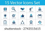 Team collaboration solid icons set. Team members, recruitment search, partnership agreement, leadership goals, meeting time. Human resources solid icons collection