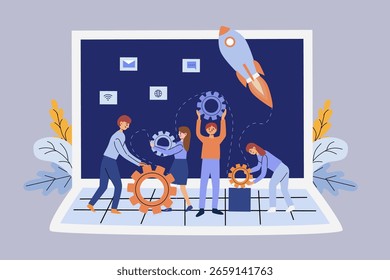 Team collaboration for startup launch, innovation and project development - modern design. Flat vector illustration of startup setup - people working together with gears, laptop, rocket