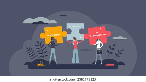 Colaboración en equipo o trabajo en equipo con un concepto efectivo de asociación de pequeñas personas. Un liderazgo sólido, una estrategia y una comunicación como puntos clave para la ilustración de los vectores empresariales. Gestión del personal del proyecto.