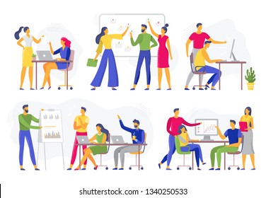 Team collaboration. Teamwork workshop meeting, creative brainstorm and office workers teams. Colleagues performance, business engineering report or software development flat vector illustration set