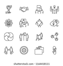 Team collaboration vector illustration collection set. Outlined icons with people cooperation, working together, meeting about strategy to success goal. Business management for employee job support..