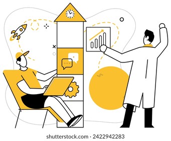 Teamarbeit, Vektorgrafik. Im Realm Business gedeiht Verständnis und Inspiration für die Entwicklung und Innovation Corporate Intelligence, wenn Profis zusammenarbeiten und Ideen umkrempeln