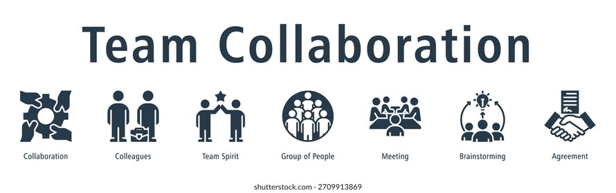 Team Collaboration Webbanner Symbol Vektorgrafik Konzept mit Symbol der Zusammenarbeit, Kollegen, Teamgeist, Gruppe von Menschen, Treffen, Brainstorming und Vereinbarung.