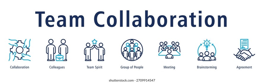 Team Collaboration Webbanner Symbol Vektorgrafik Konzept mit Symbol der Zusammenarbeit, Kollegen, Teamgeist, Gruppe von Menschen, Treffen, Brainstorming und Vereinbarung.