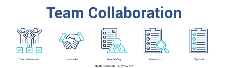 Team Collaboration web banner icon set vector illustration concept for business with icon of Team Achievement, Handshake, User Briefing, Resea.