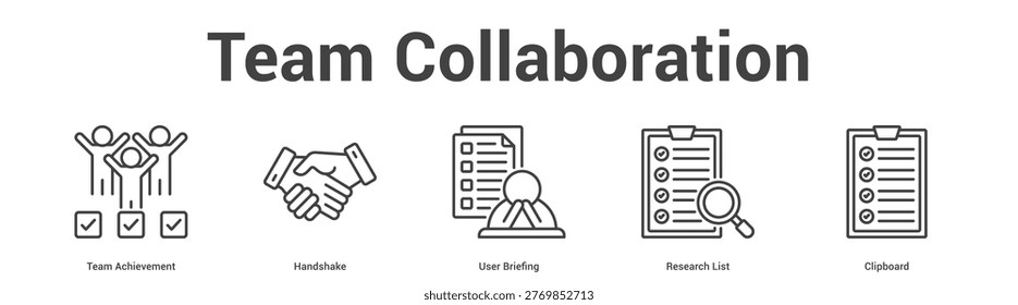 Team Collaboration web banner icon set vector illustration concept for business with icon of Team Achievement, Handshake, User Briefing, Resea.