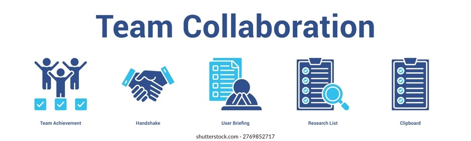 Team Collaboration web banner icon set vector illustration concept for business with icon of Team Achievement, Handshake, User Briefing, Resea.