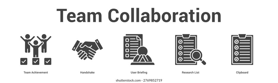 Team Collaboration web banner icon set vector illustration concept for business with icon of Team Achievement, Handshake, User Briefing, Resea.