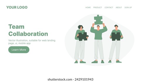 Team Collaboration. Web Landing Page Design. Flat Cartoon Vector Illustration. Vector illustration, suitable for web landing page, ui, mobile app.