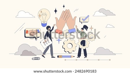 Team collaboration and work partnership tiny person neubrutalism concept. Efficiency and productivity with partner cooperation for success and achievements vector illustration. Business staff team.
