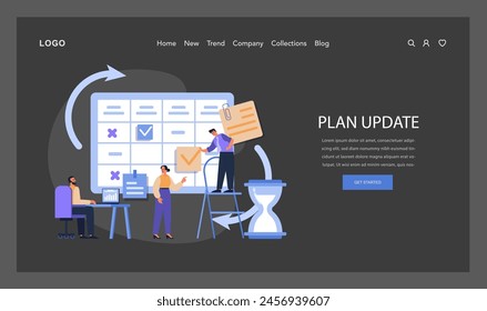 Team collaboratively updating a monthly schedule, with focus on task prioritization and tracking progress, ensuring efficient project management. Flat vector illustration.