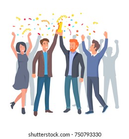 Team of colleagues celebrate win in startup project. Happy co-workers with hands up hold prize for first place vector illustration