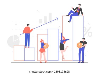 Team of colleagues and graph. Financial data, analytics, economic analysis. Forecasts and progress report. Investments and income growth. Vector flat illustration.
