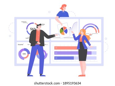 Team of colleagues next to an information dashboard. Financial data, analytics, economic analysis. Annual report of the company on income and expenses. Business Characters. Vector flat illustration.