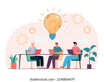 Team of colleagues thinking of new ideas. Brainstorm or startup scene, lightbulb, company persons with skills flat vector illustration. Brainstorming, teamwork concept for banner or landing web page