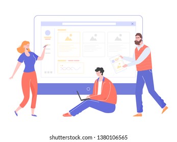 Team of colleagues is working to create a website. Effective teamwork: designer, programmer and marketer. Vector illustration for landing pages, banners, applications onboarding.