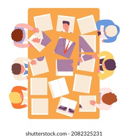 Team collect worker. Cut parts photo, people fold puzzle. Teamwork, group find boss or employee. Recruitment service, hr managers utter vector scene