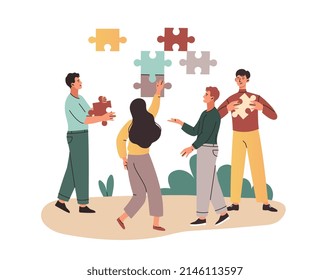 Team collects puzzles. Men and girls work on same project. Partnership, coworking and company development. Friendly colleagues, creative employees, brainstorming. Cartoon flat vector illustration