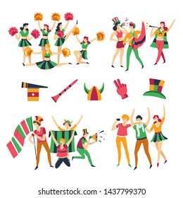 Team color clothes football fans and cheerleaders men and women vector girls with pompons men in hats with pipes or flags cheering up support buffs or rooters glove and headdresses dancing and tricks.