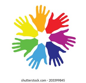 Team colored hands in a circle - social games - mutual aid - various characters - cooperation and integration