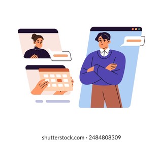 Team communicates, discusses timetable online. Colleagues planning schedule of remote working on project together. Time management in teamwork concept. Flat isolated vector illustration on white