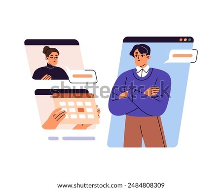 Team communicates, discusses timetable online. Colleagues planning schedule of remote working on project together. Time management in teamwork concept. Flat isolated vector illustration on white